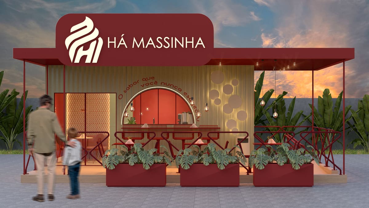 Unidade container Há Massinha ao entardecer, com deck externo e mesas